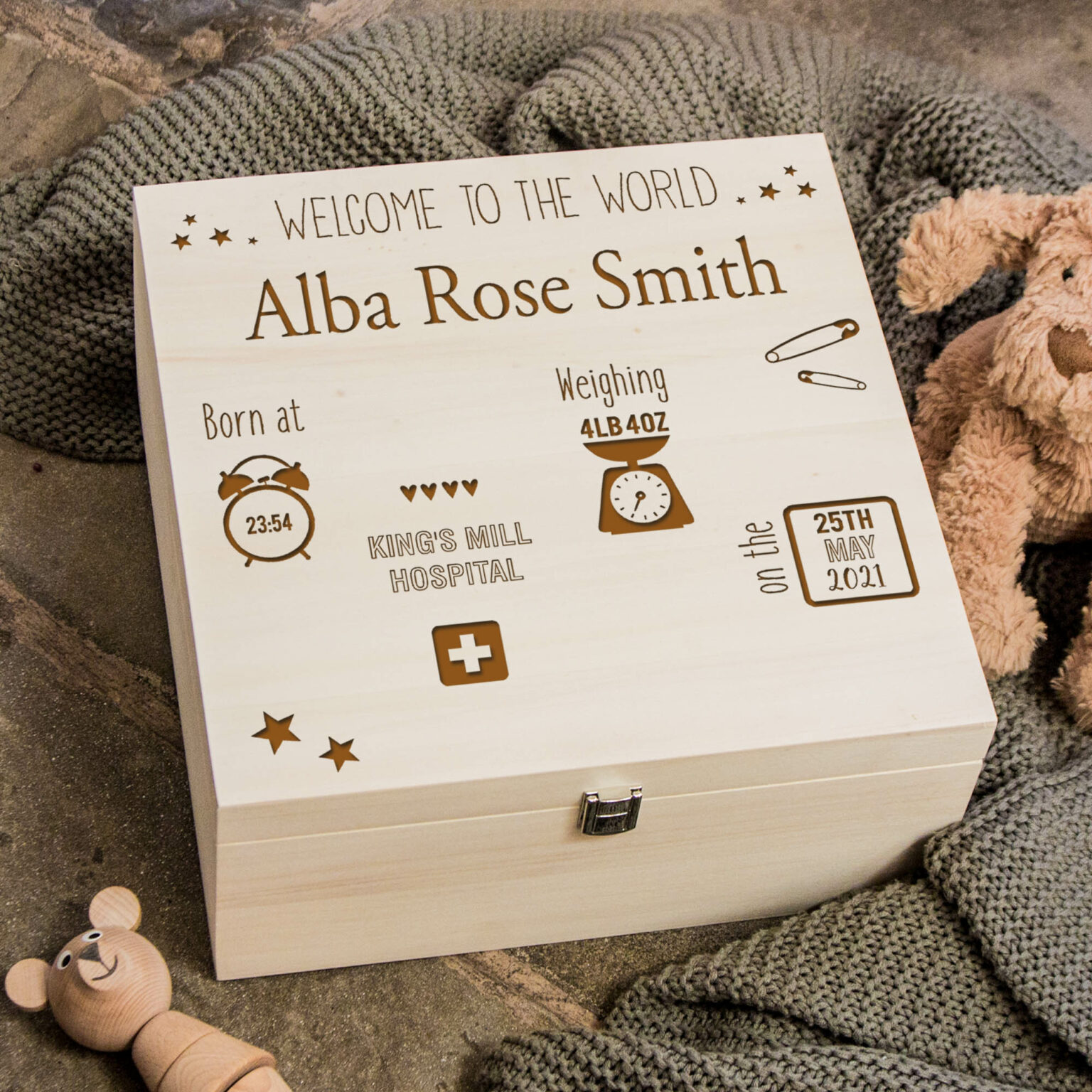 Personalised Wooden Square Memory Baby Icons Box - SECONDS