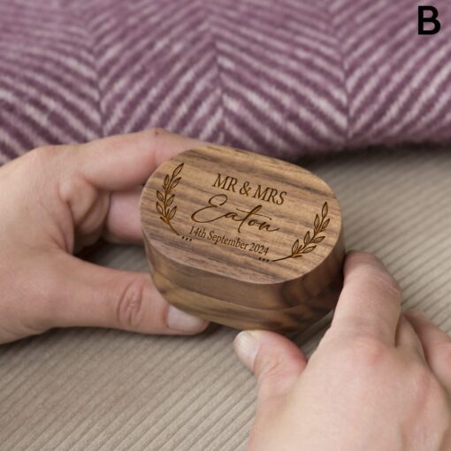 personalised walnut wooden twin oval wedding ring box choice of designs