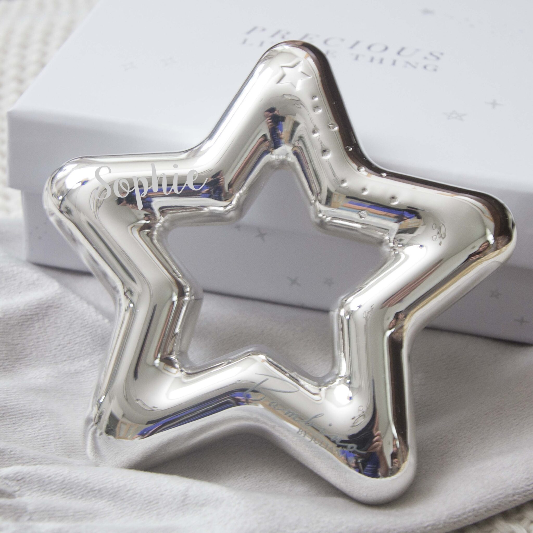 Baby Star R Round Personalised Baby Star Rattle Silver Plated | The Laser Boutique