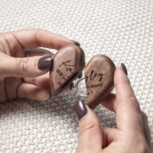 Personalised Walnut Heart Engagement | Wedding Ring Box - Image 3