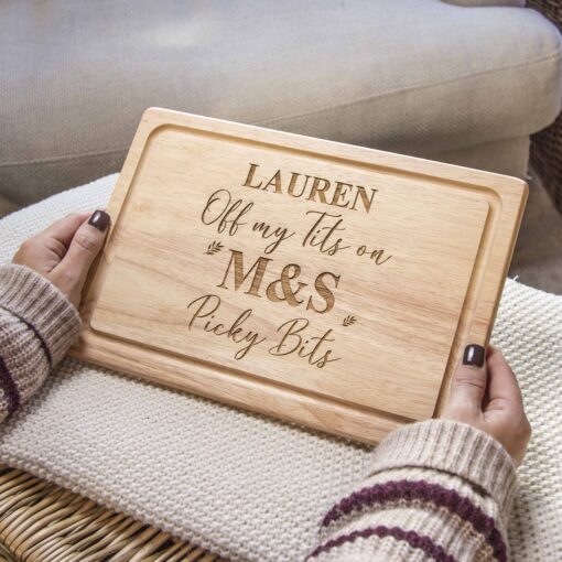 Personalised Chopping Board 'Off My Tits on M&S Picky Bits' Marks and Spencers Charcuterie Novelty Viral Cheese Board