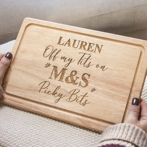 Personalised Chopping Board 'Off My Tits on M&S Picky Bits' Marks and Spencers Charcuterie Novelty Viral Cheese Board - Image 2
