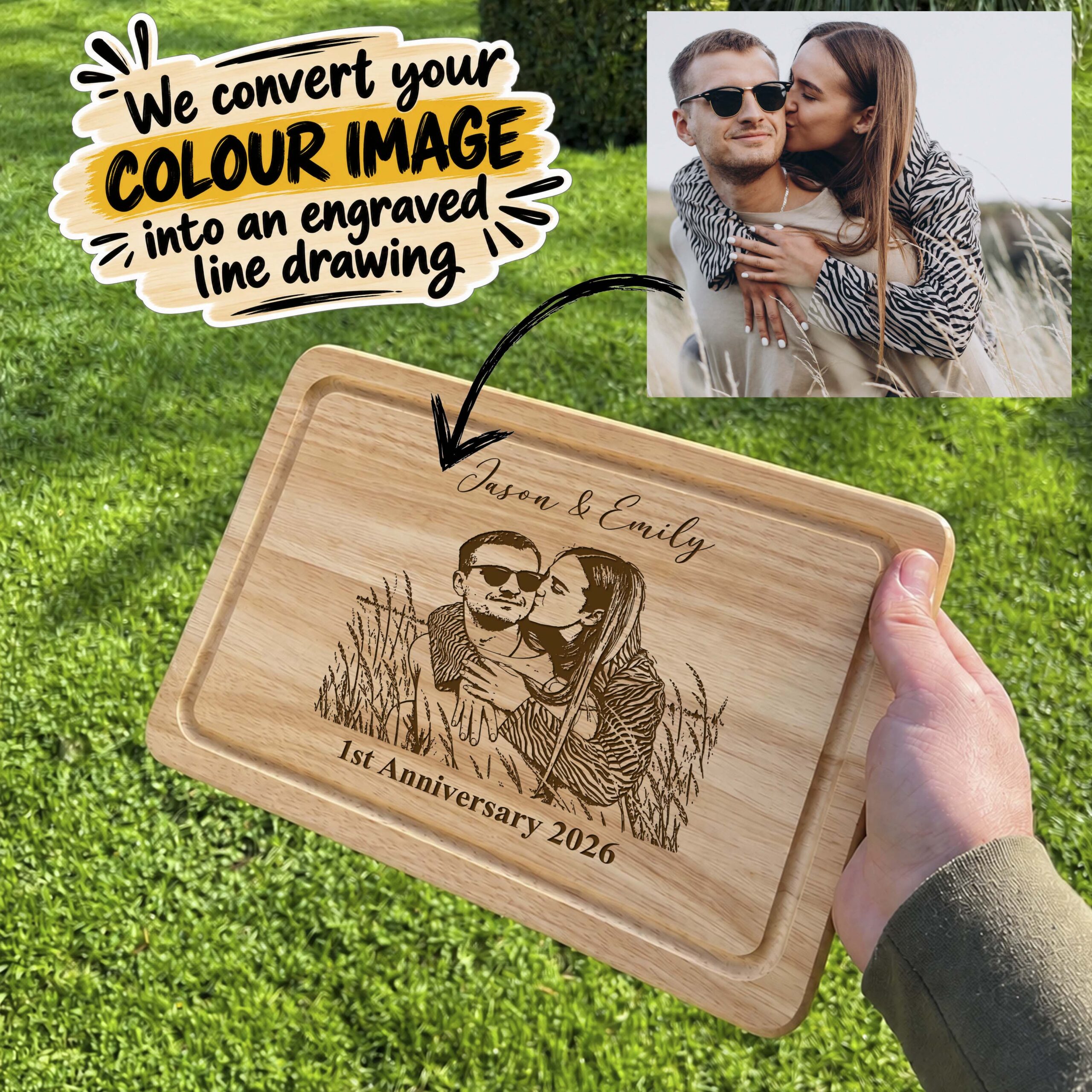 Personalised Photo to Line Drawing – Laser Engraved Wooden Board | 20 × 30cm