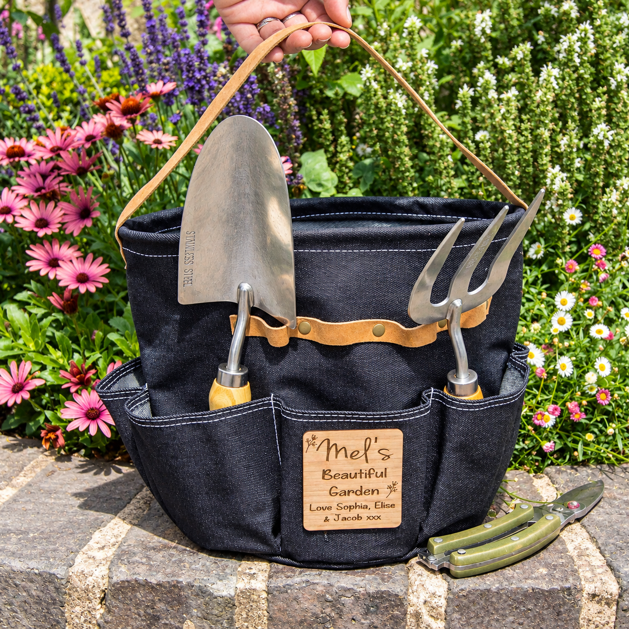 Personsonalised Luxury Denim Round Garden Tool Bag / Caddy