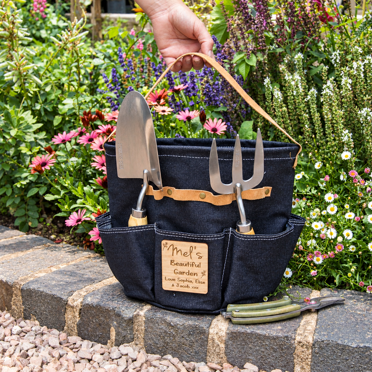 Personsonalised Luxury Denim Round Garden Tool Bag / Caddy - Image 2