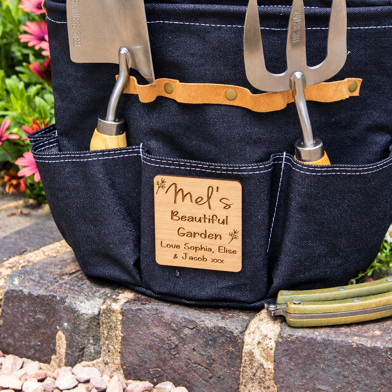 Personsonalised Luxury Denim Round Garden Tool Bag / Caddy - Image 3