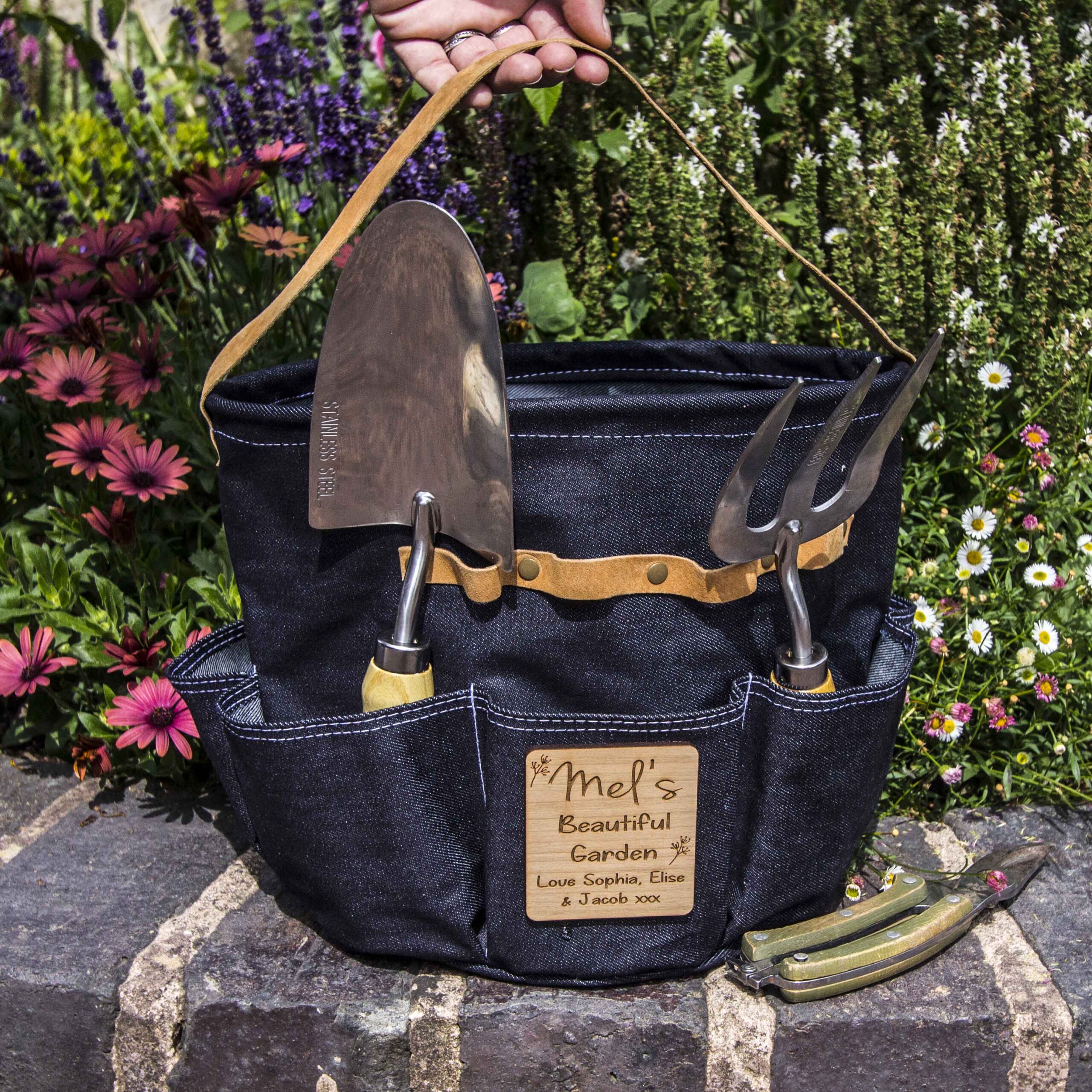 Personsonalised Luxury Denim Round Garden Tool Bag / Caddy