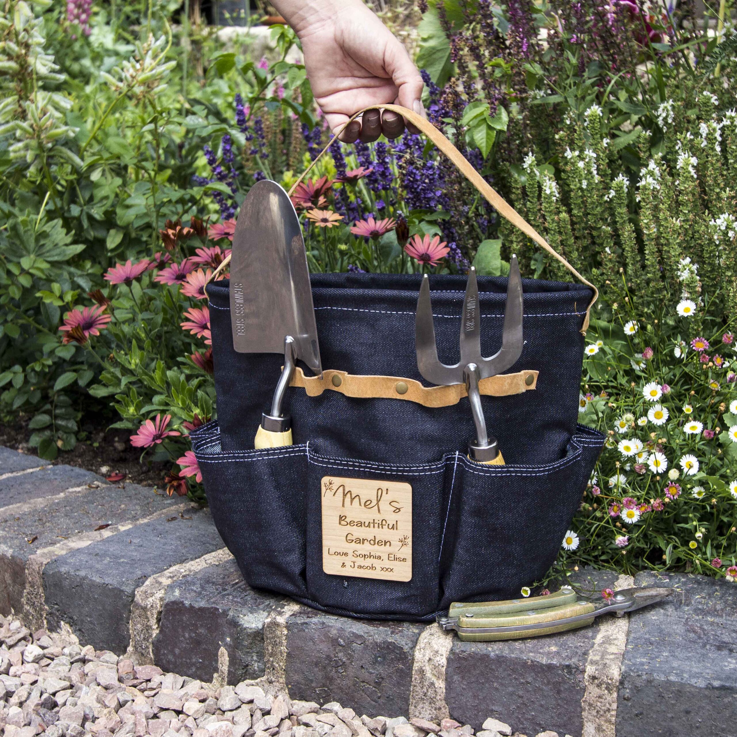Personsonalised Luxury Denim Round Garden Tool Bag / Caddy - Image 2