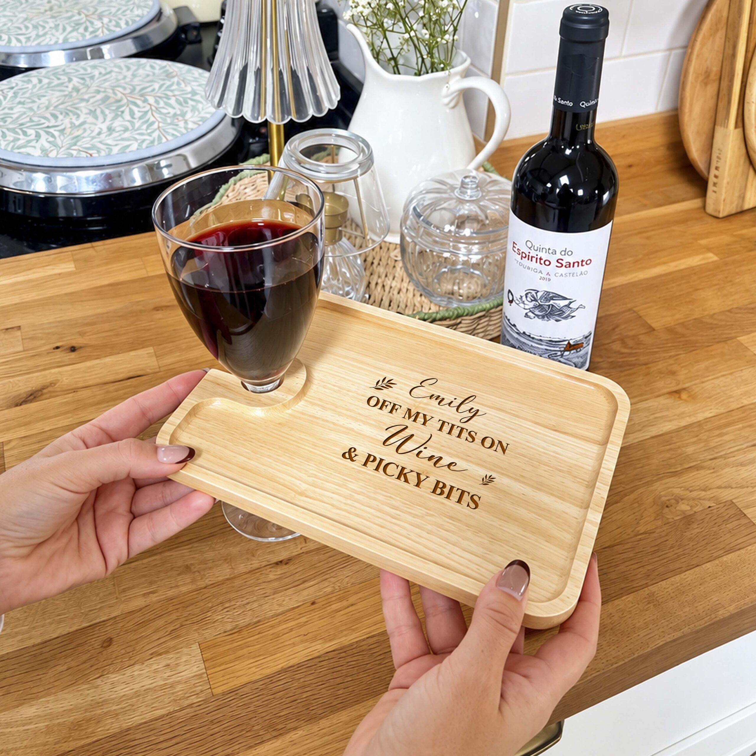Personalised Wine, Glass & Nibbles Board - Off my tits on picky bits - Image 3