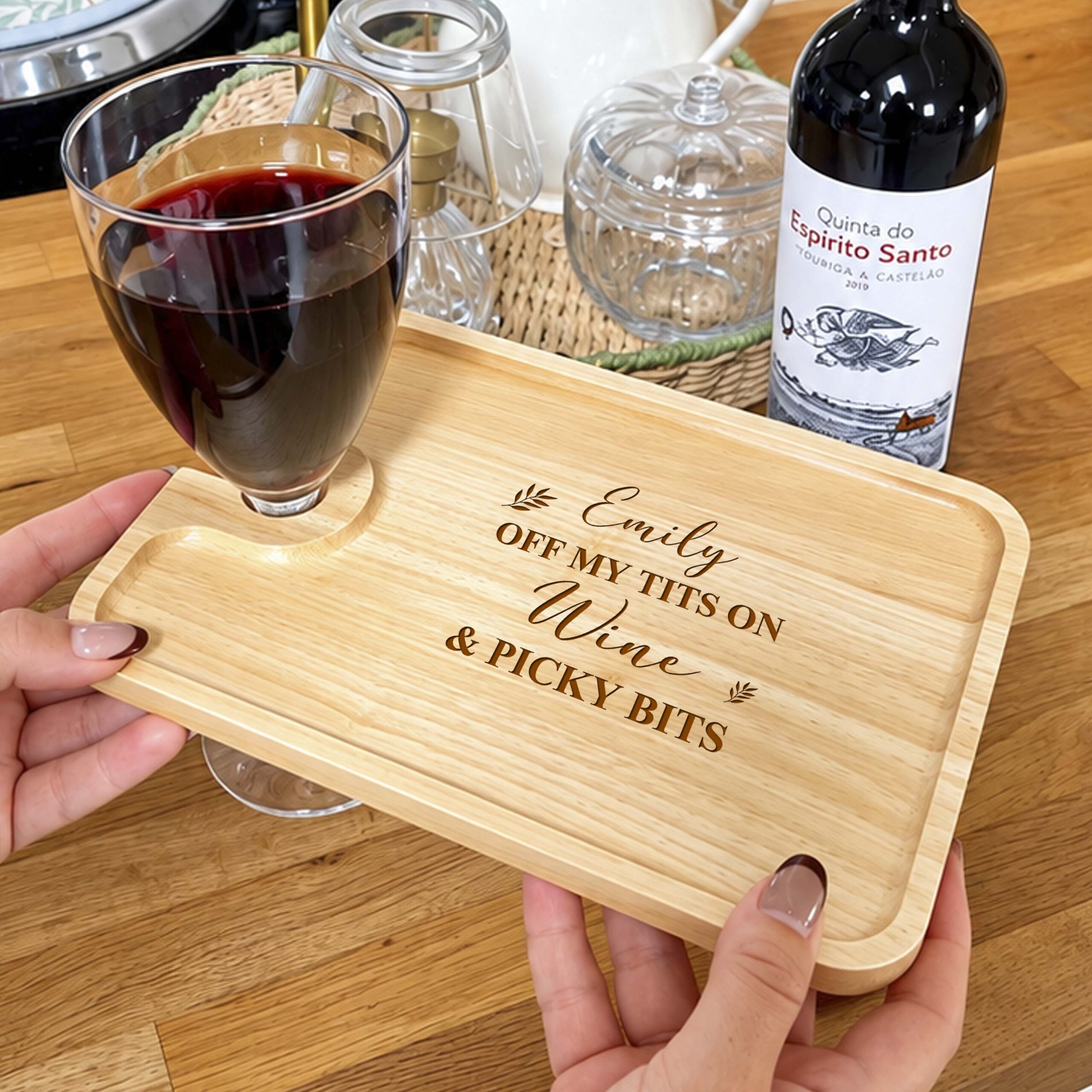 Personalised Wine, Glass & Nibbles Board - Off my tits on picky bits