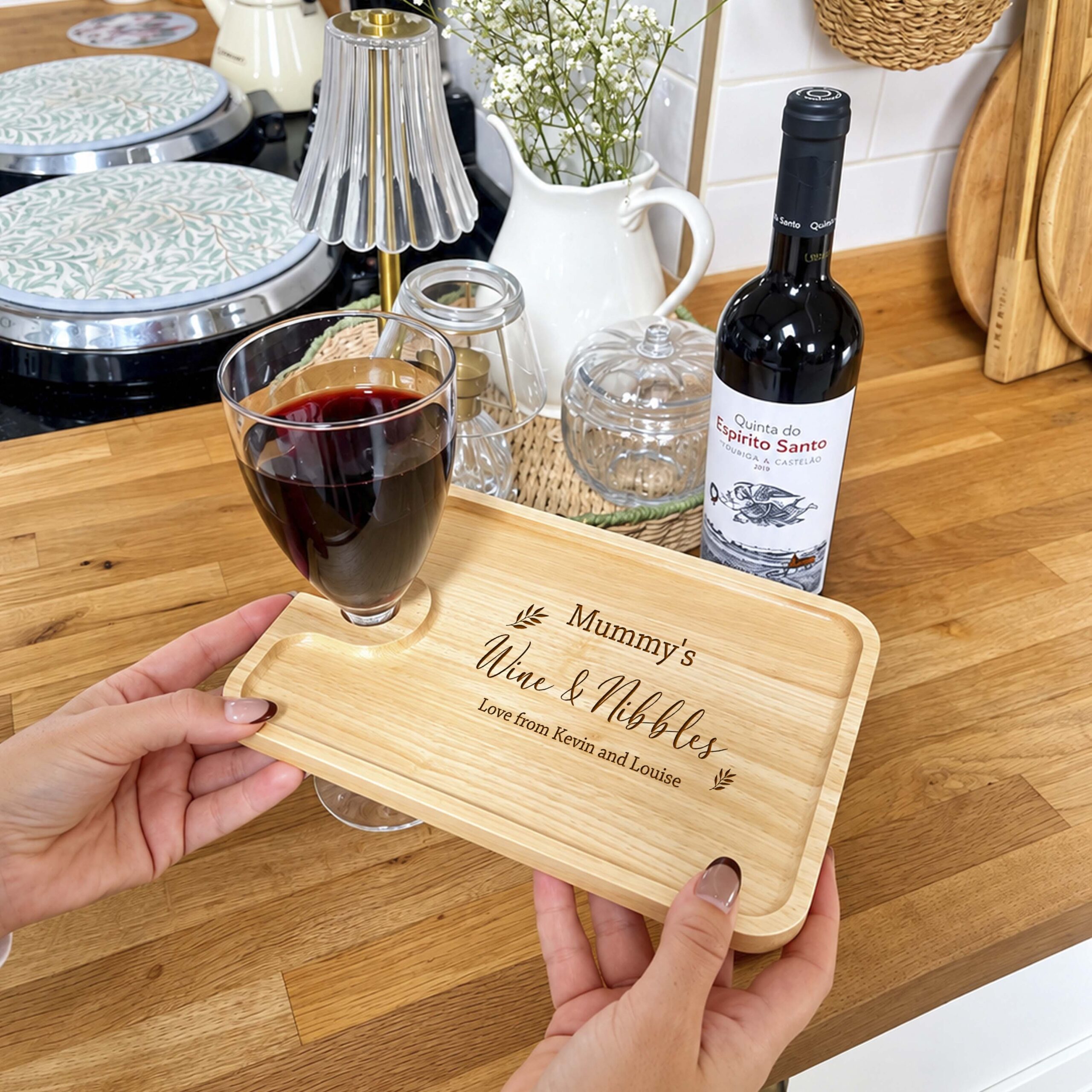 Personalised Wine, Glass & Nibbles Board Leaf Design - Image 2