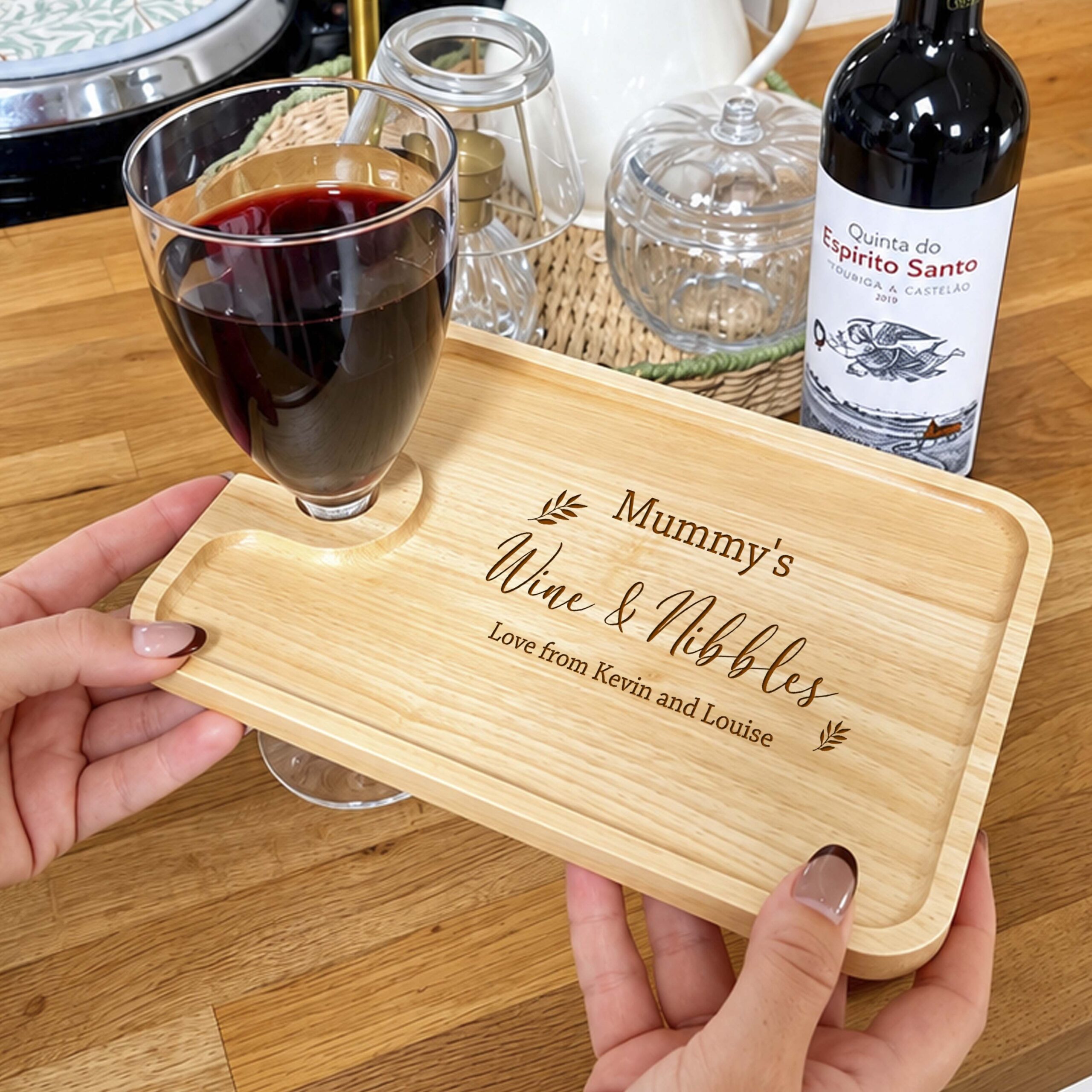 Personalised Wine, Glass & Nibbles Board Leaf Design